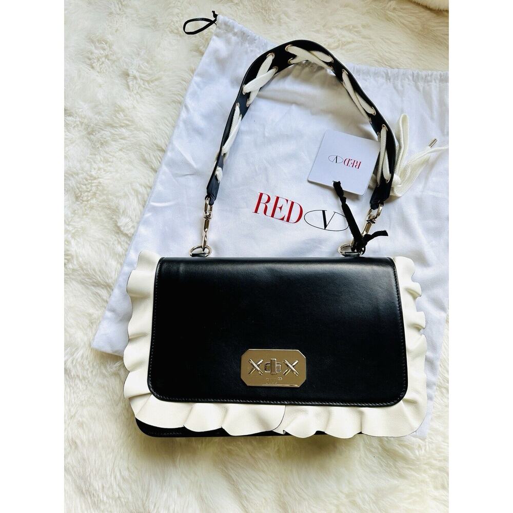 NWT Red Valentino ruffle trim Leather Shoulder Bag Purse Handbag Black/white